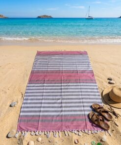 Telo mare in cotone indiano cm 180x100  a righe colore fucsia e grigio