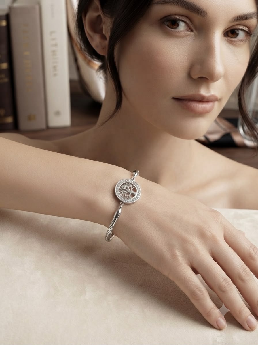 Bracciale semi rigido in acciaio con albero della vita e zirconi cubici