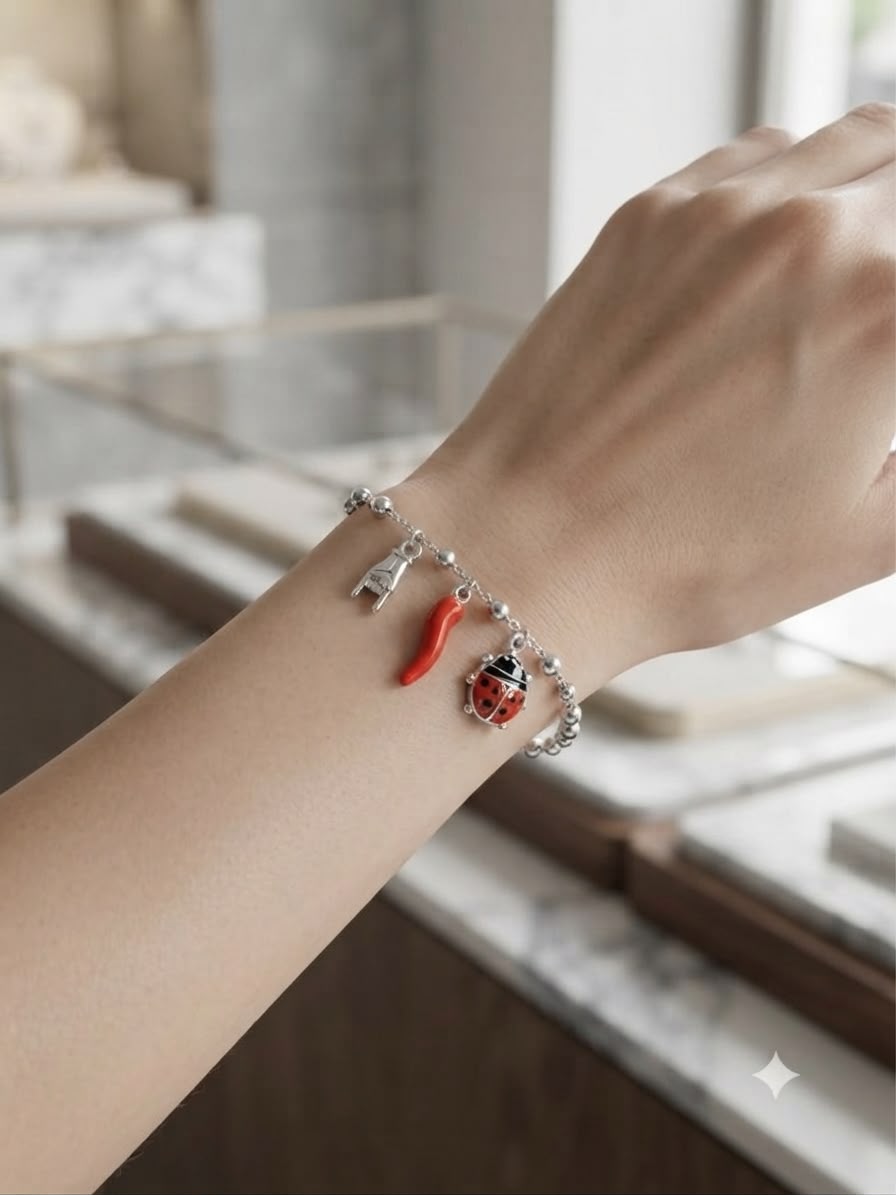 Bracciale Acciaio Ciondoli Coccinella Corno Rosso Corna