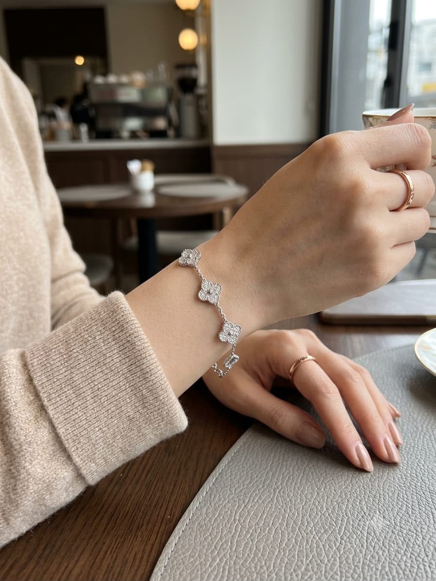 Bracciale con quadrifoglio e zirconi cubici in acciaio - immagine 3
