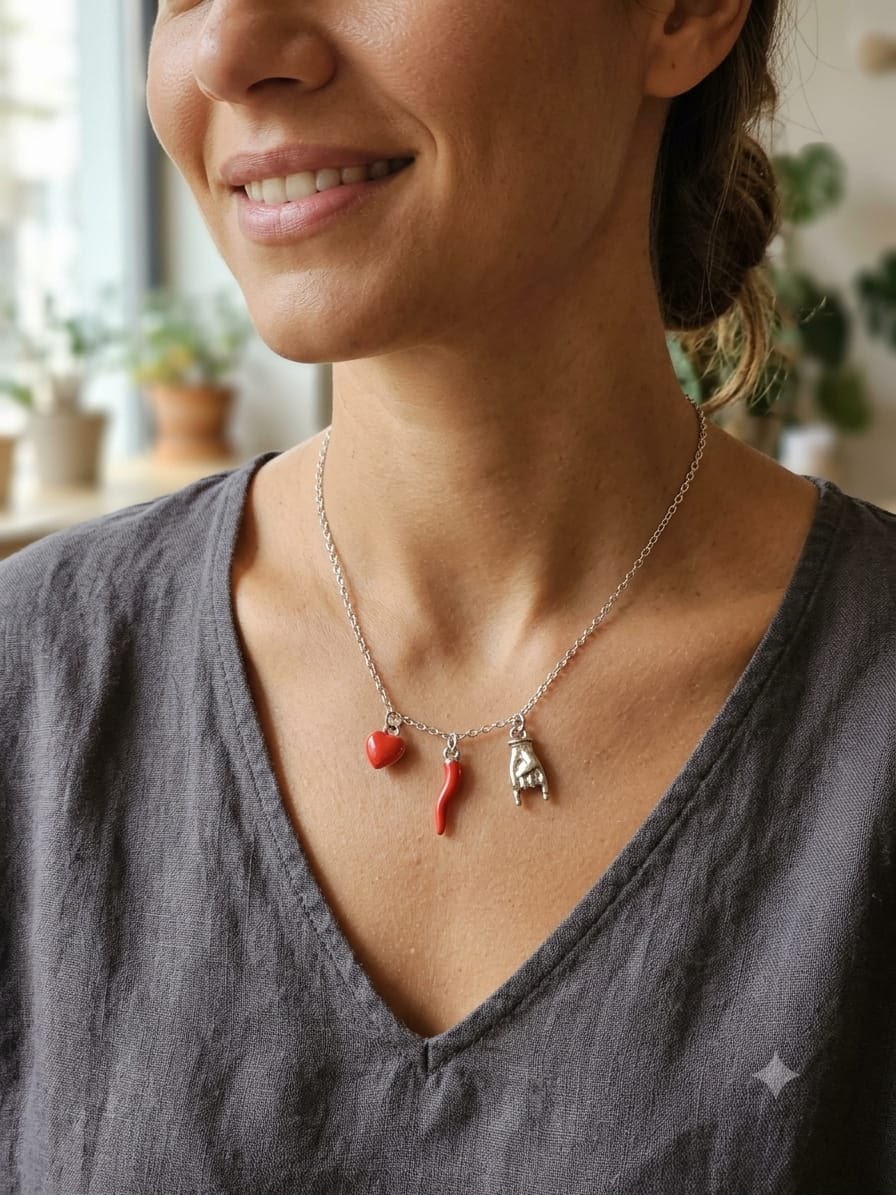 Collana in acciaio con corno rosso, cuore rosso e simbolo delle corna