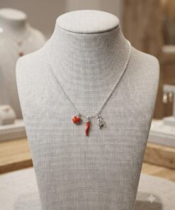 Collana in acciaio con corno rosso, cuore rosso e simbolo delle corna - immagine 3