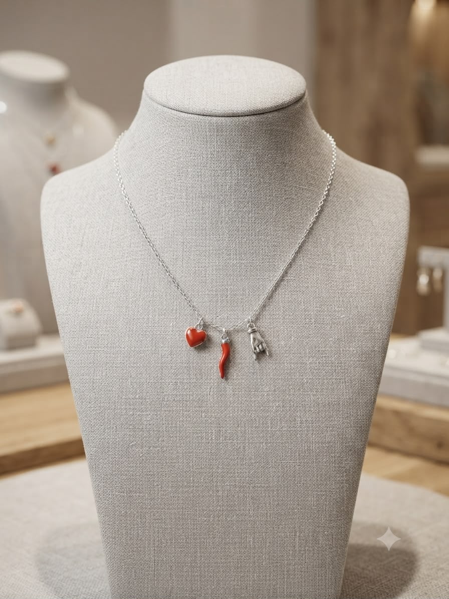 Collana in acciaio con corno rosso, cuore rosso e simbolo delle corna - immagine 3