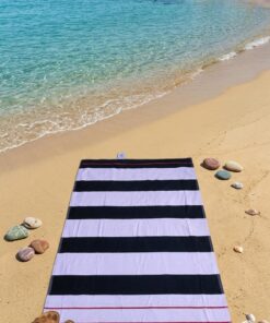 Telo Mare Righe Blu & Bianche – Scritta su Base Rossa