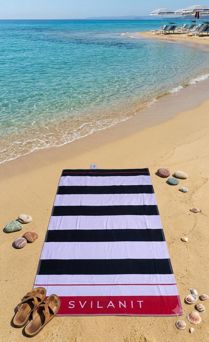 Telo Mare Righe Blu & Bianche – Scritta su Base Rossa