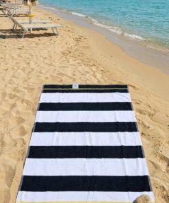 Telo Mare Righe Blu & Bianche – Scritta su Base Gialla