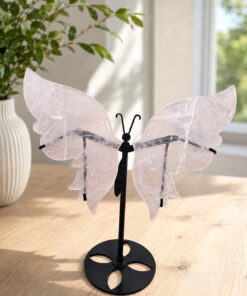 Farfalla Quarzo Rosa Stand Metallo Nero H 26