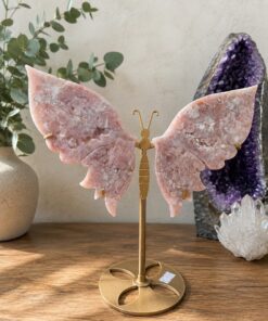 Farfalla Ametista Rosa con Drusa Base Metallo Dorato  H 24